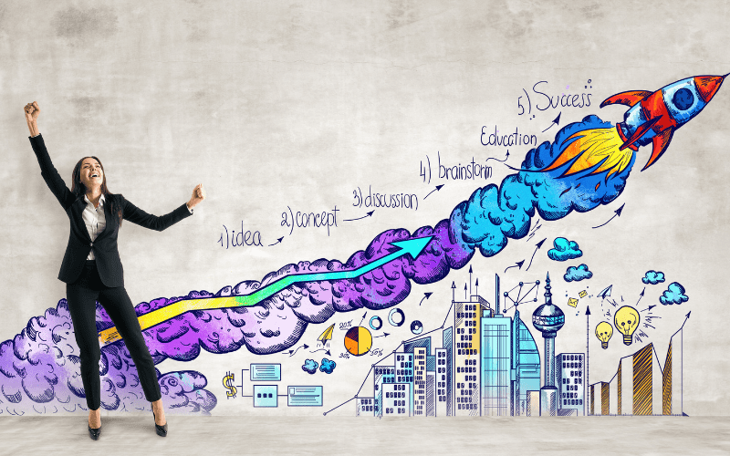 Woman jumping next to a graph showing entrepreneurship steps starting at the bottom with idea and concepts and ending with success.