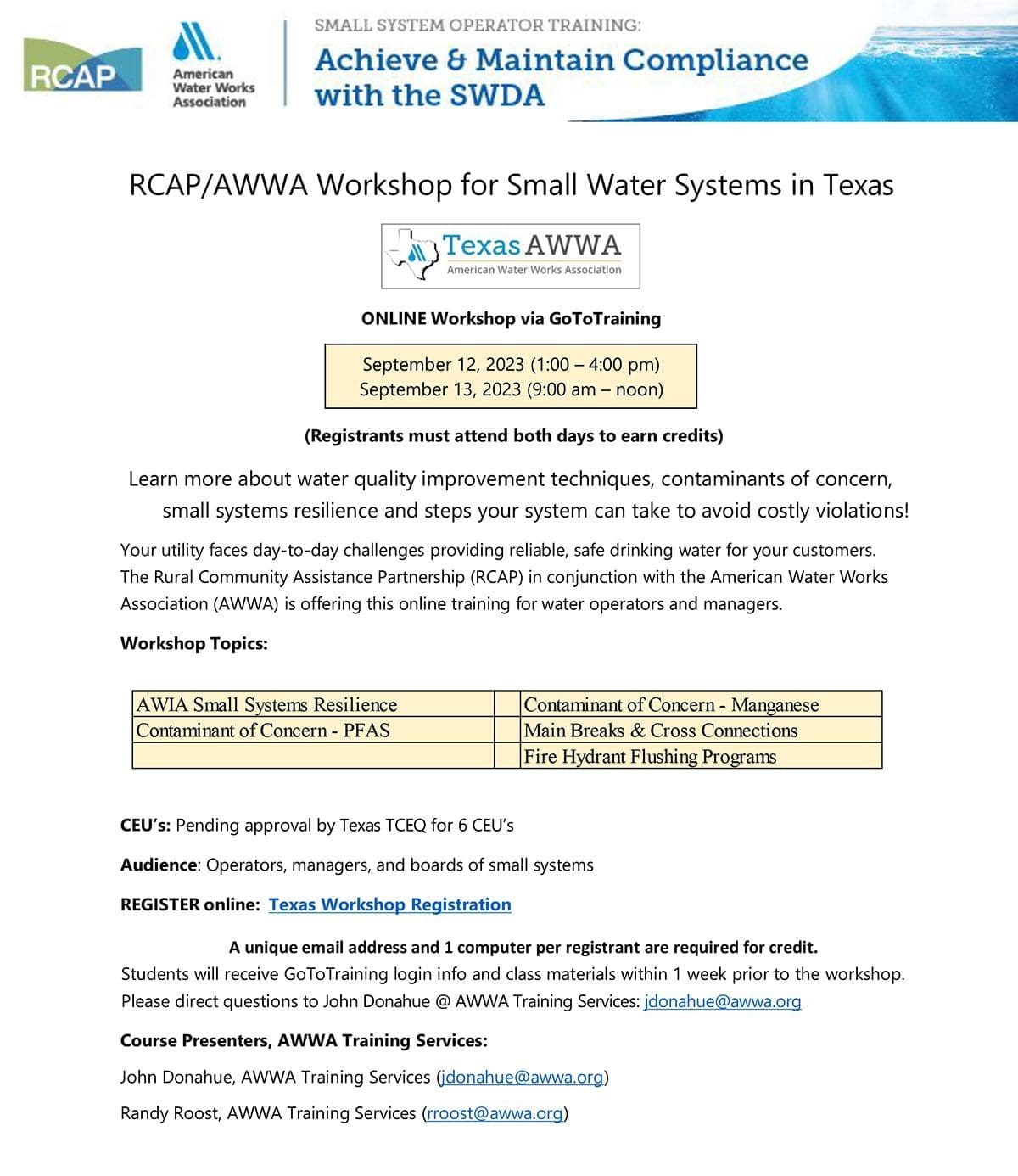 RCAP AWWA Training Flyer
