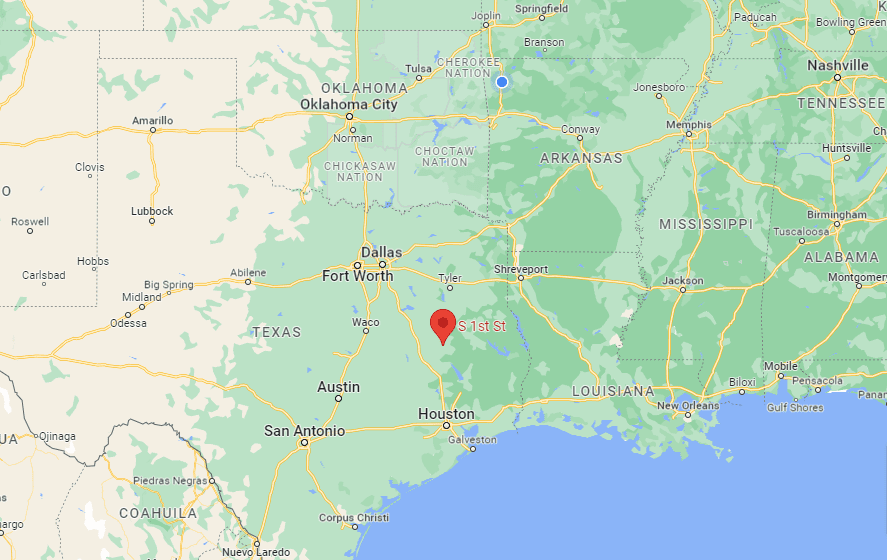 A map showing where Crockett, TX is located
