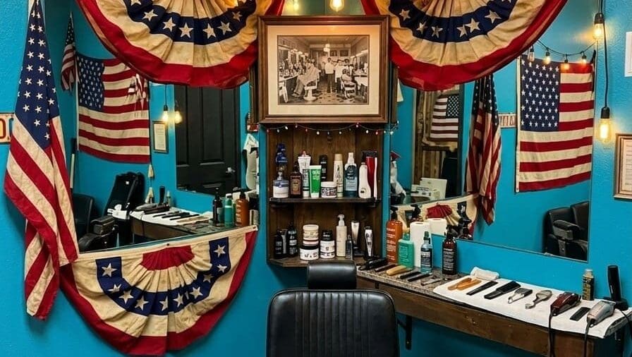Interior of Yogi's Haircuts decorated for Independence Day.